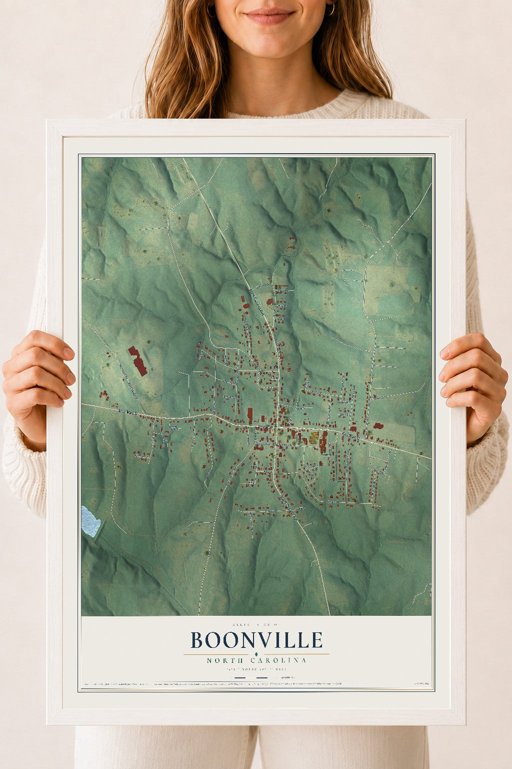 Map of Boonville, North Carolina, 18 x 24 inch print in a white wood frame