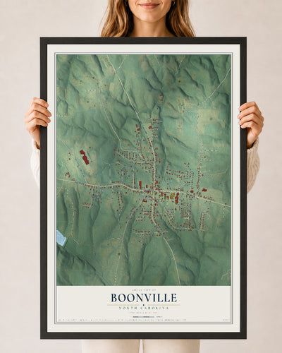 Map of Boonville, North Carolina, 24 x 36 inch print in a black wood frame