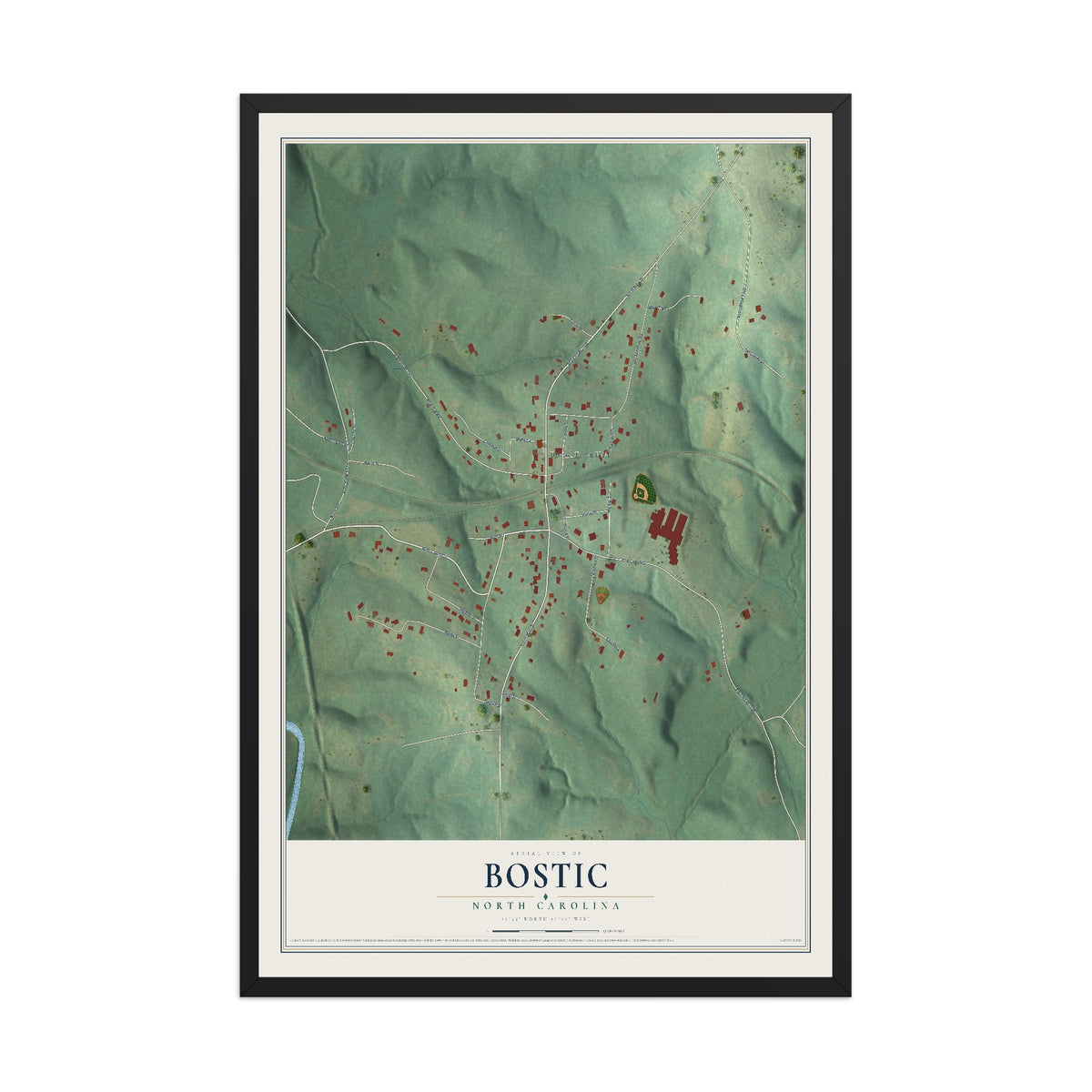 Map of Bostic, North Carolina, 12 x 18 inch print in a black wood frame