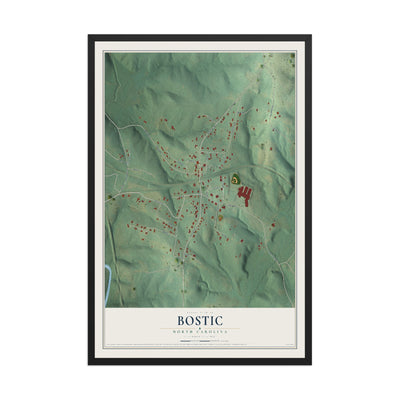Map of Bostic, North Carolina, 12 x 18 inch print in a black wood frame