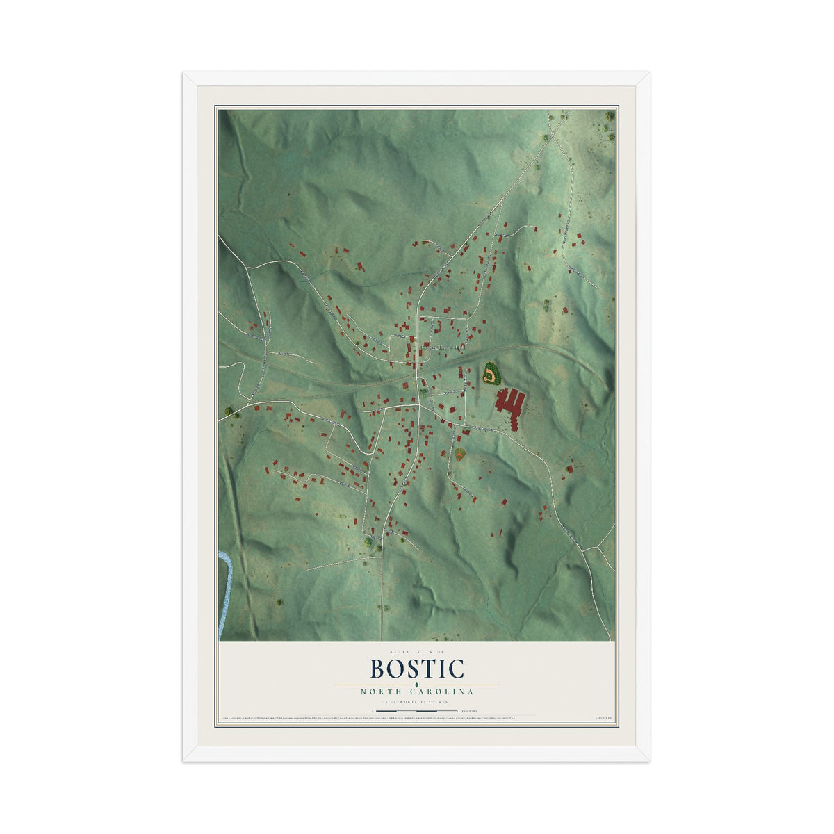 Map of Bostic, North Carolina, 12 x 18 inch print in a white wood frame
