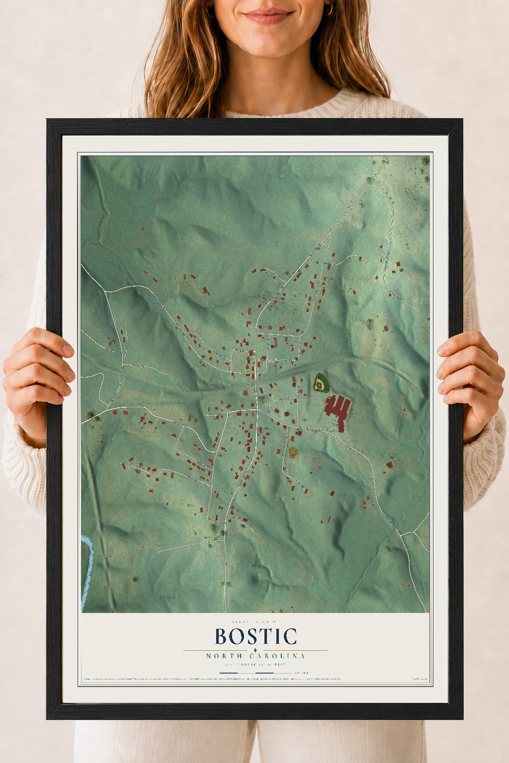 Map of Bostic, North Carolina, 18 x 24 inch print in a black wood frame