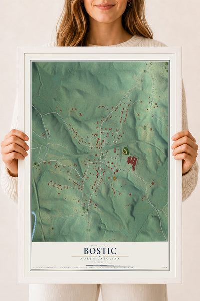 Map of Bostic, North Carolina, 18 x 24 inch print in a white wood frame