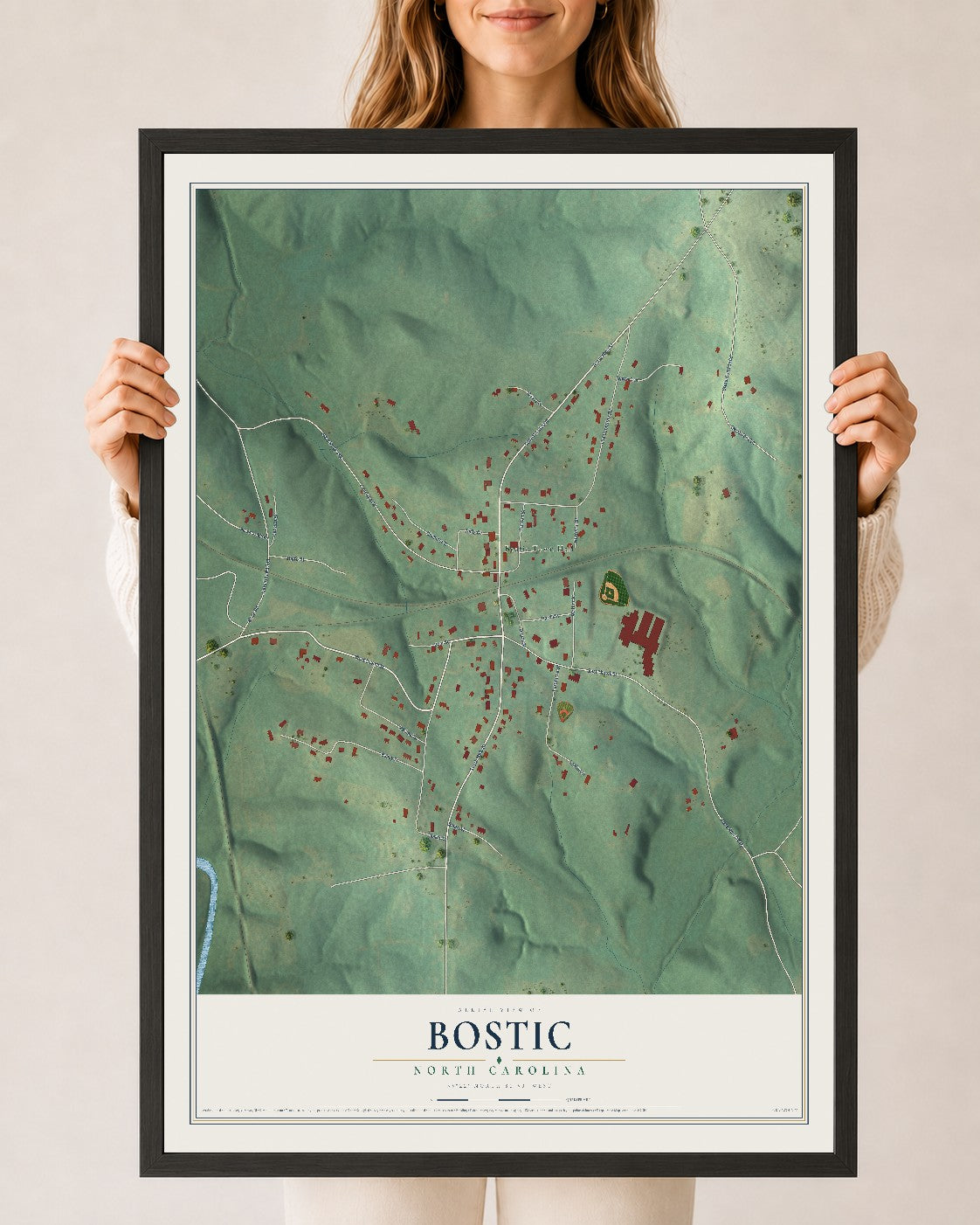 Map of Bostic, North Carolina, 24 x 36 inch print in a black wood frame