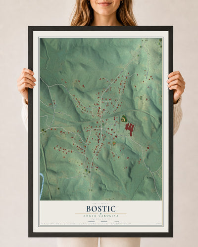 Map of Bostic, North Carolina, 24 x 36 inch print in a black wood frame