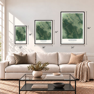 Bowmore, North Carolina map in 12 x 18, 18 x 24 and 24 x 36 inch sizes above a sofa