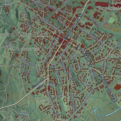 Close-up of the map of Brevard, North Carolina print showing street and building detail