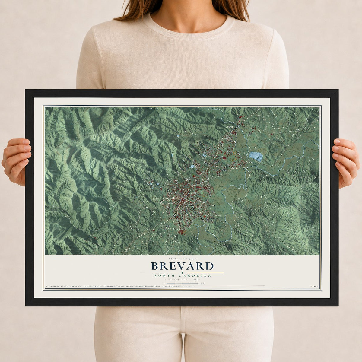 Map of Brevard, North Carolina, 12 x 18 inch print in a black wood frame