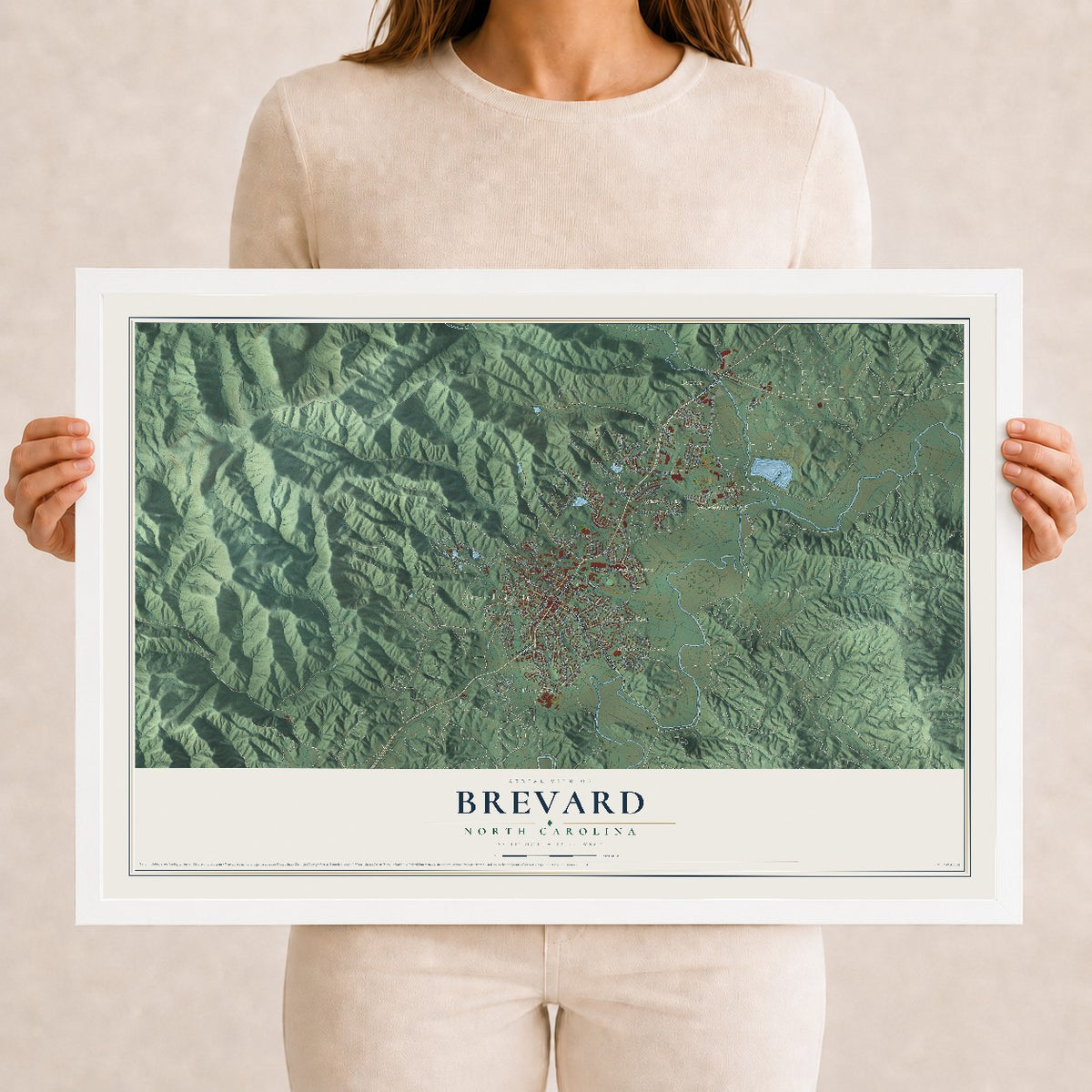 Map of Brevard, North Carolina, 12 x 18 inch print in a white wood frame