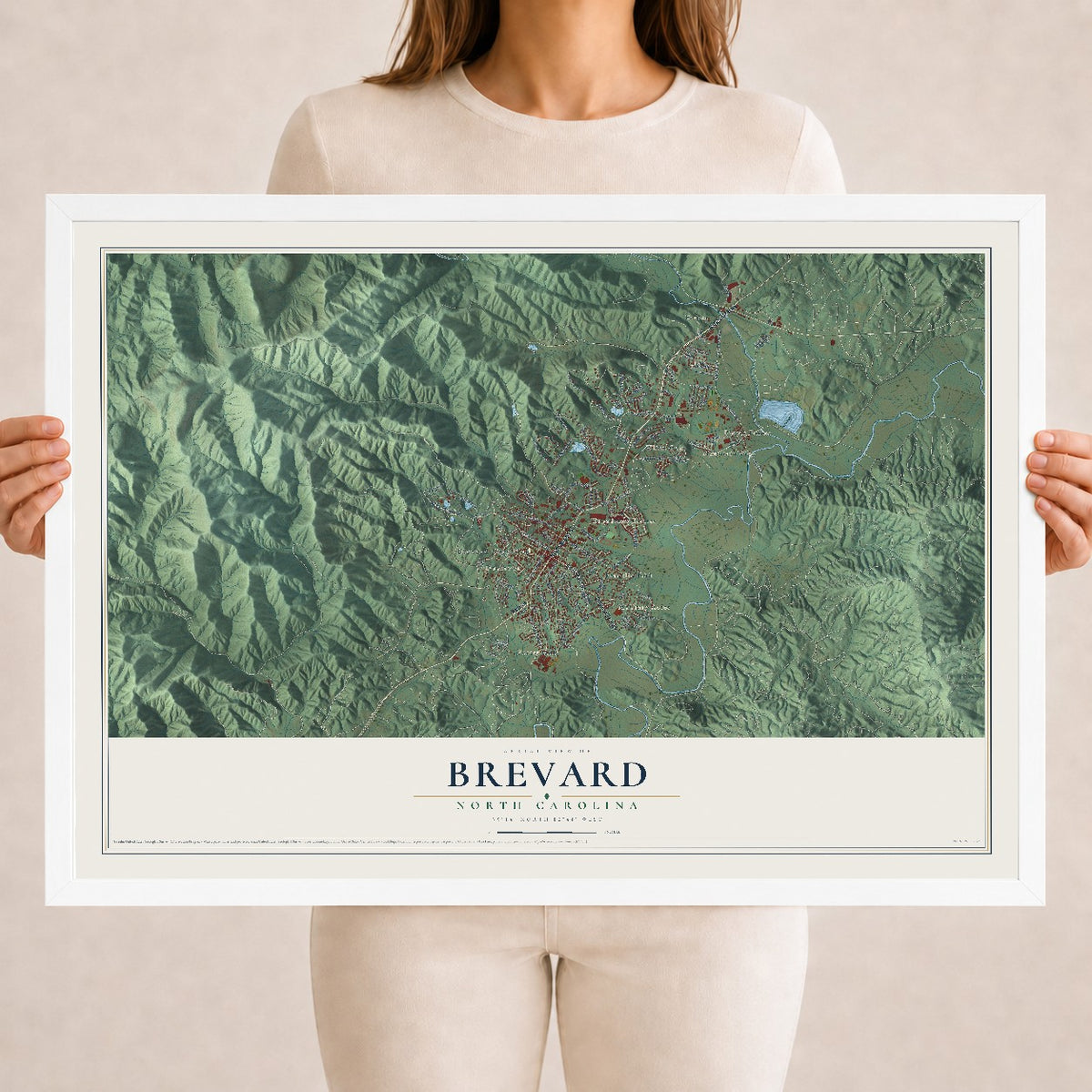 Map of Brevard, North Carolina, 18 x 24 inch print in a white wood frame