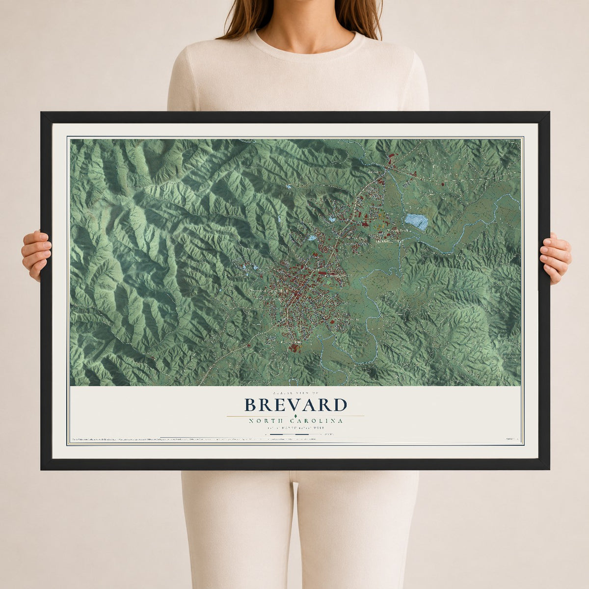 Map of Brevard, North Carolina, 24 x 36 inch print in a black wood frame