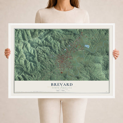 Map of Brevard, North Carolina, 24 x 36 inch print in a white wood frame