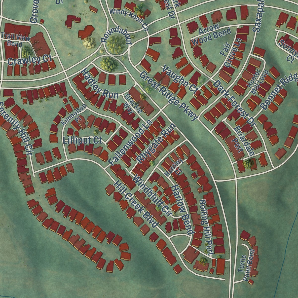 Close-up of the map of Briar Chapel, North Carolina print showing street and building detail