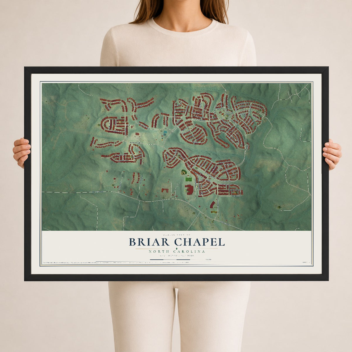 Map of Briar Chapel, North Carolina, 24 x 36 inch print in a black wood frame