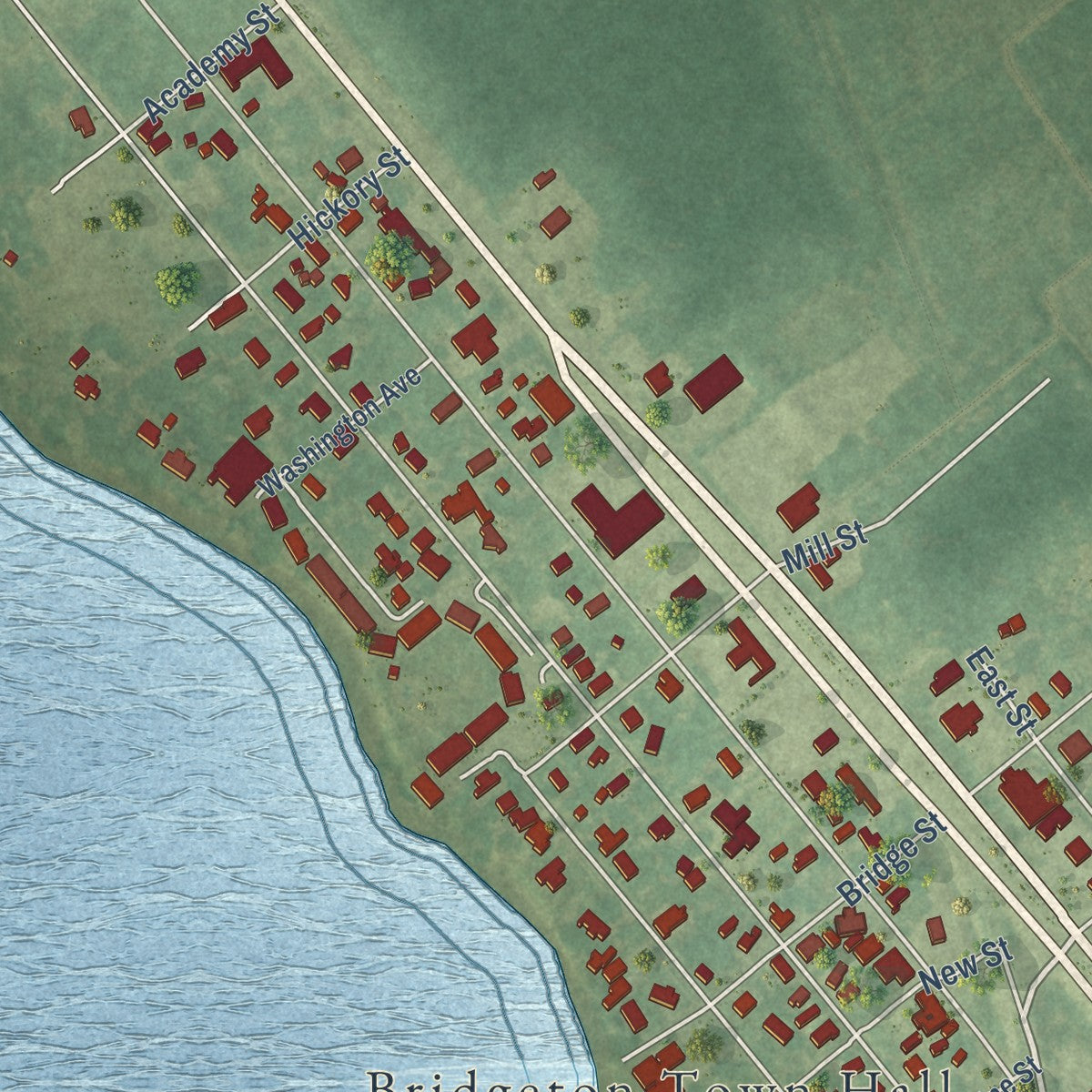 Close-up of the map of Bridgeton, North Carolina print showing street and building detail