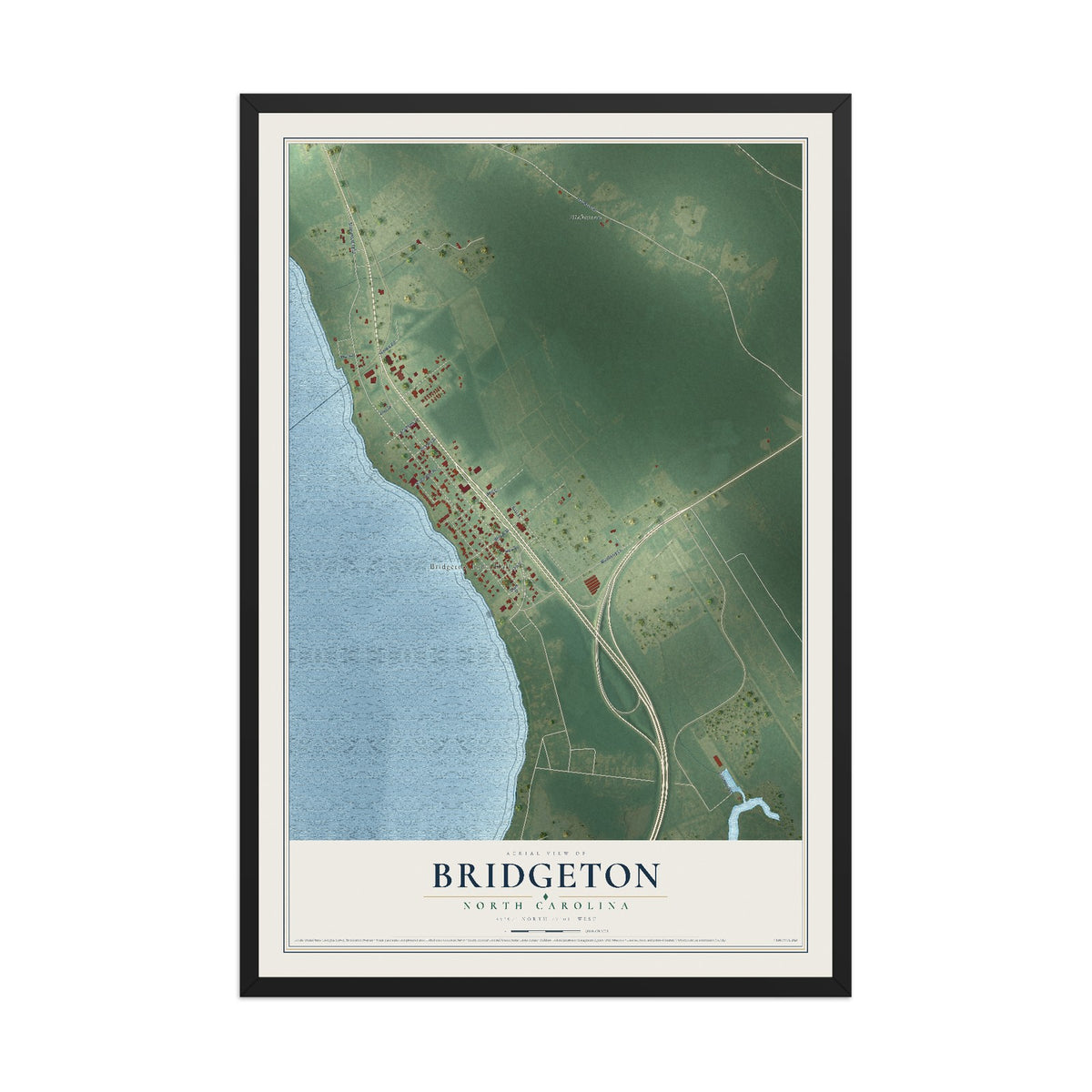Map of Bridgeton, North Carolina, 12 x 18 inch print in a black wood frame