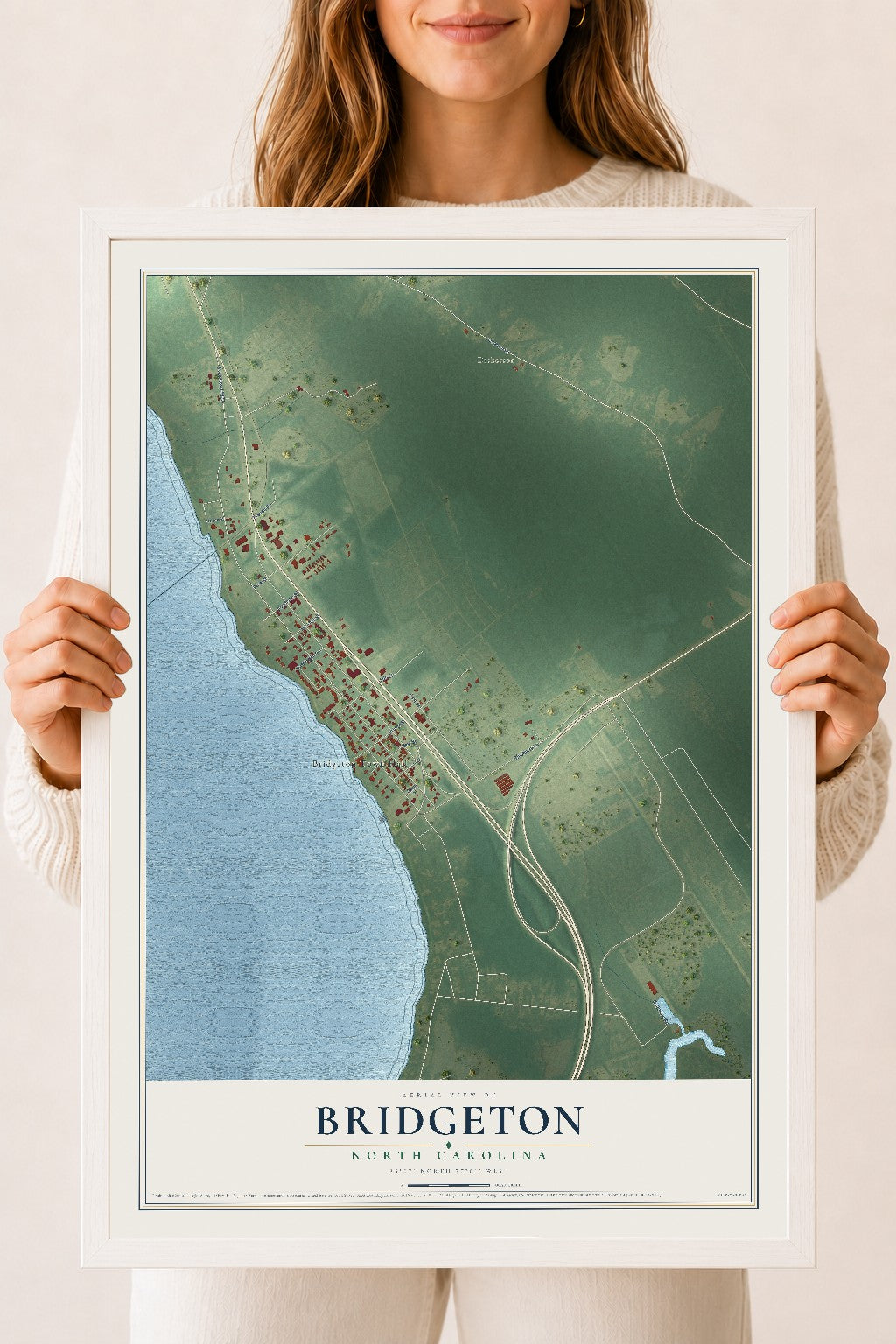 Map of Bridgeton, North Carolina, 18 x 24 inch print in a white wood frame