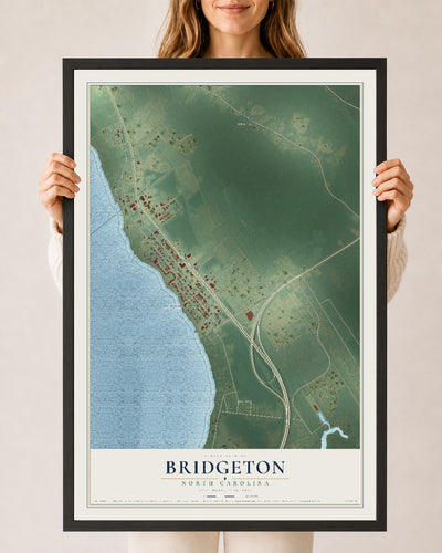 Map of Bridgeton, North Carolina, 24 x 36 inch print in a black wood frame