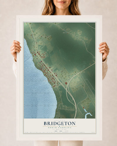 Map of Bridgeton, North Carolina, 24 x 36 inch print in a white wood frame