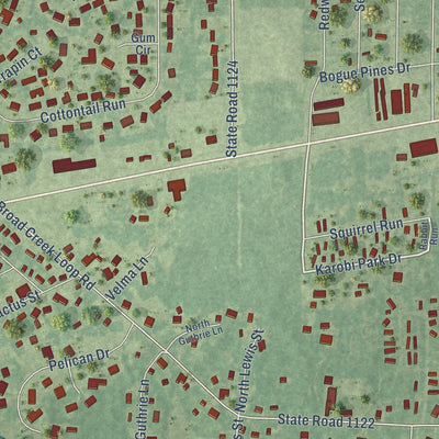 Close-up of the map of Broad Creek, North Carolina print showing street and building detail