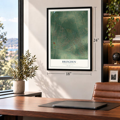 Brogden, North Carolina map, 18 x 24 inch print in a black frame in a home office