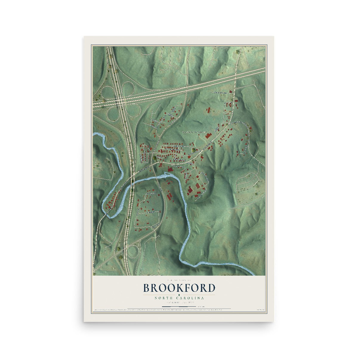 Map of Brookford, North Carolina, 12 x 18 inch unframed archival matte print