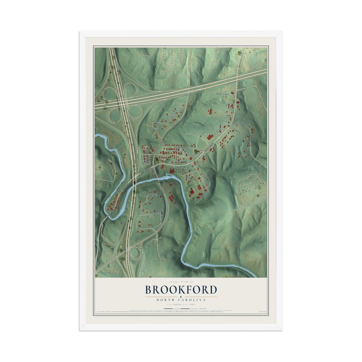 Map of Brookford, North Carolina, 12 x 18 inch print in a white wood frame