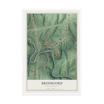 Map of Brookford, North Carolina, 12 x 18 inch print in a white wood frame