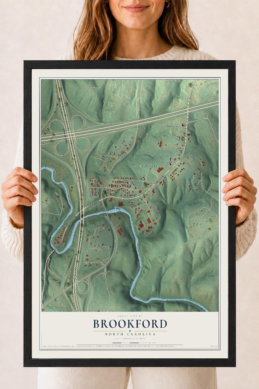 Map of Brookford, North Carolina, 18 x 24 inch print in a black wood frame