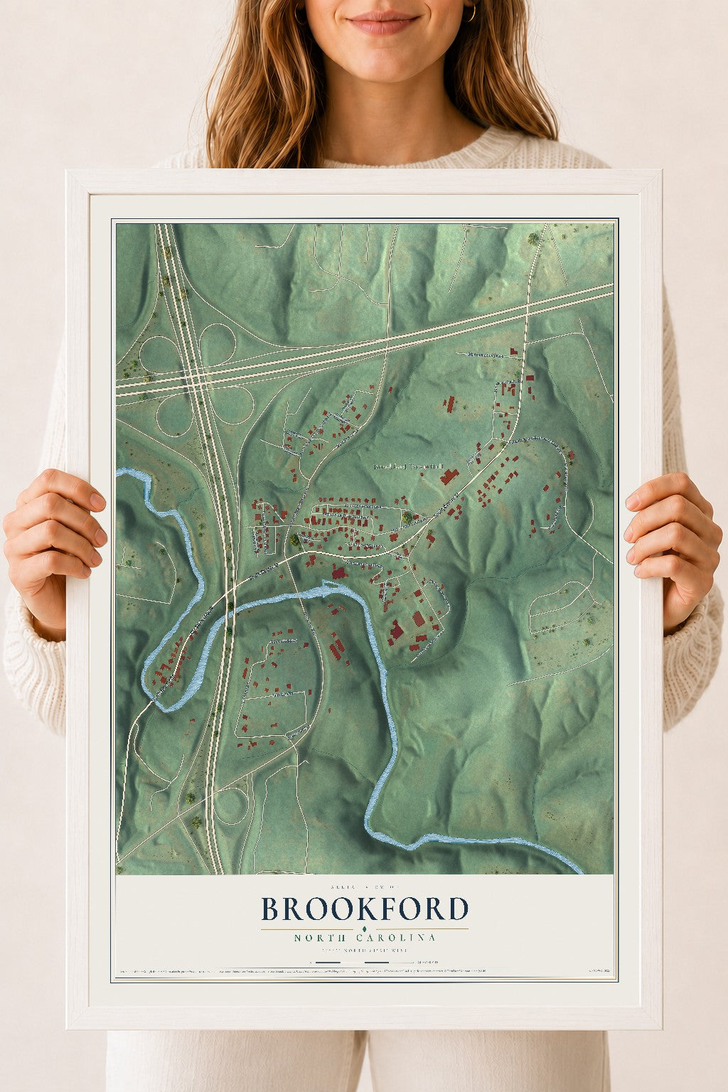 Map of Brookford, North Carolina, 18 x 24 inch print in a white wood frame