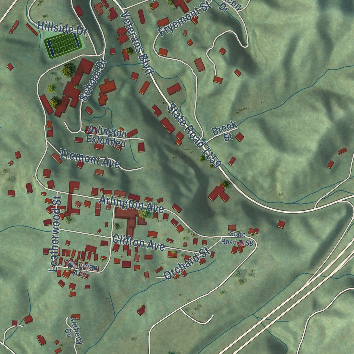 Second close-up of the map of Bryson City, North Carolina print showing more streets and buildings