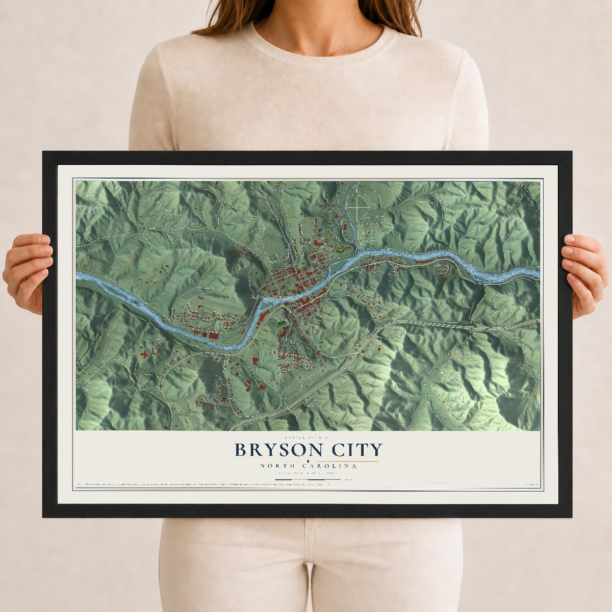 Map of Bryson City, North Carolina, 12 x 18 inch print in a black wood frame