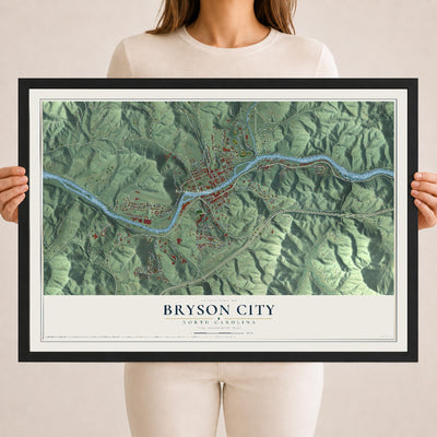 Map of Bryson City, North Carolina, 18 x 24 inch print in a black wood frame