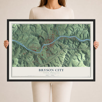 Map of Bryson City, North Carolina, 24 x 36 inch print in a black wood frame