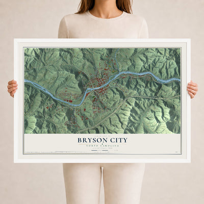Map of Bryson City, North Carolina, 24 x 36 inch print in a white wood frame
