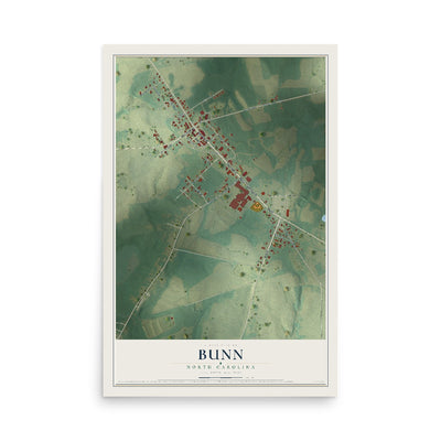 Map of Bunn, North Carolina, 12 x 18 inch unframed archival matte print