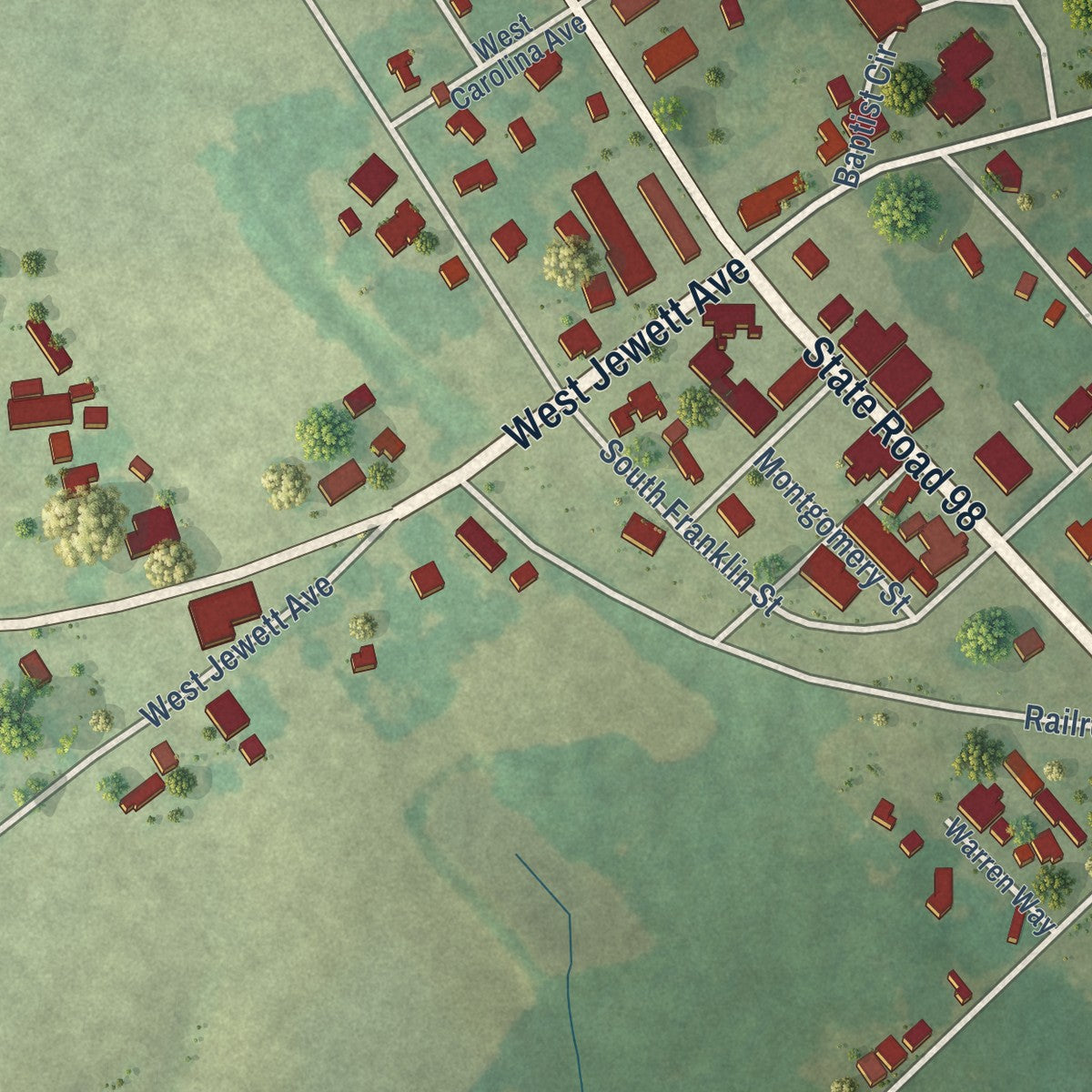 Close-up of the map of Bunn, North Carolina print showing street and building detail