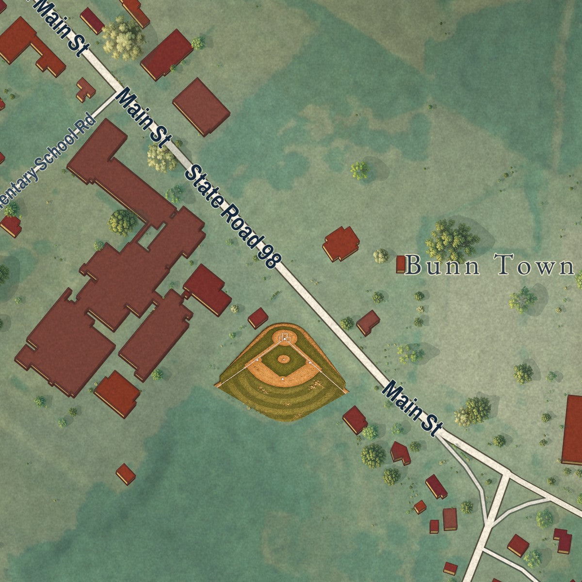 Second close-up of the map of Bunn, North Carolina print showing more streets and buildings