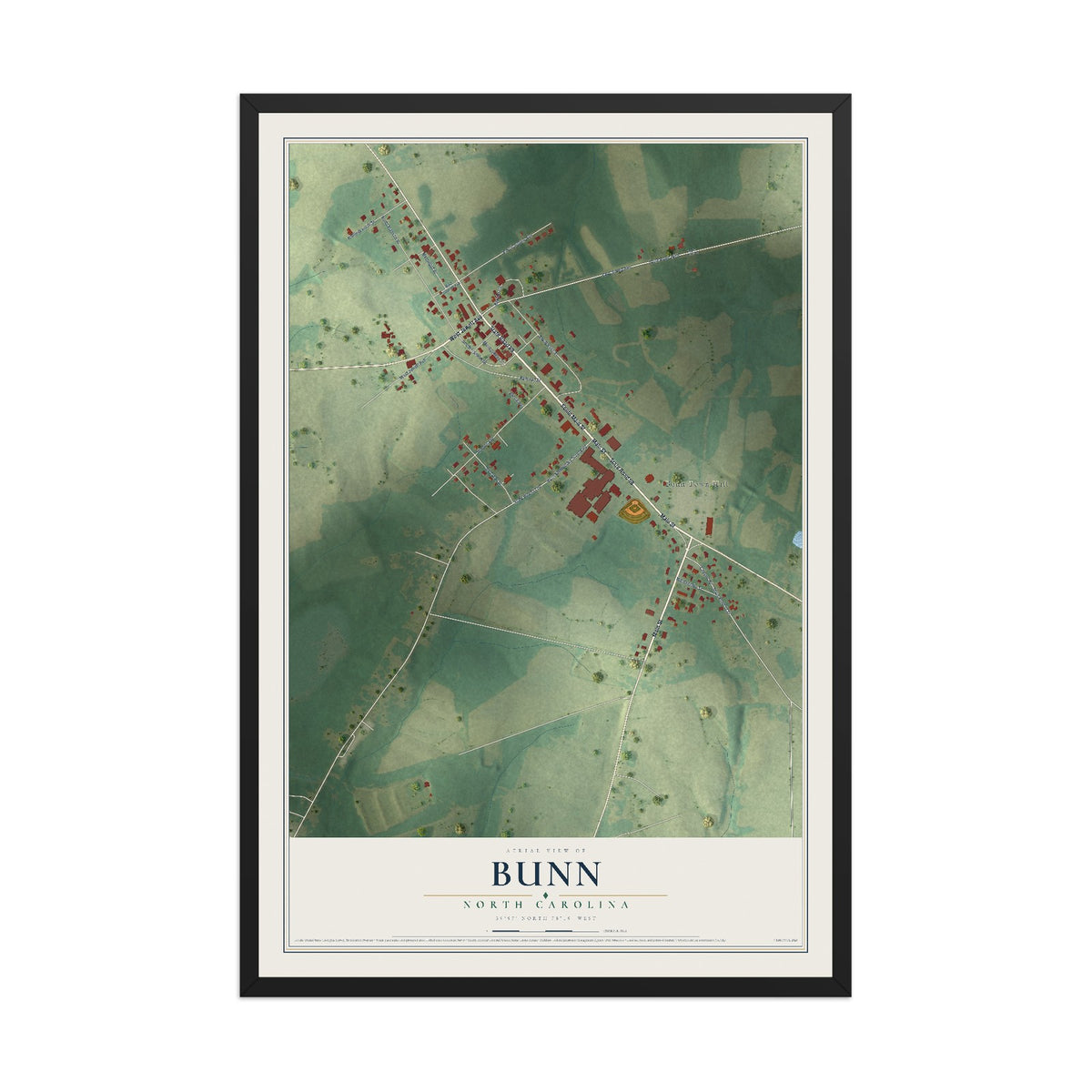 Map of Bunn, North Carolina, 12 x 18 inch print in a black wood frame