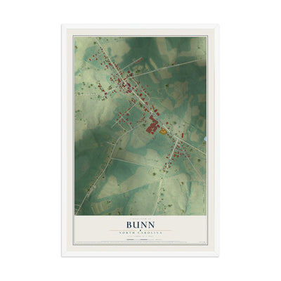Map of Bunn, North Carolina, 12 x 18 inch print in a white wood frame