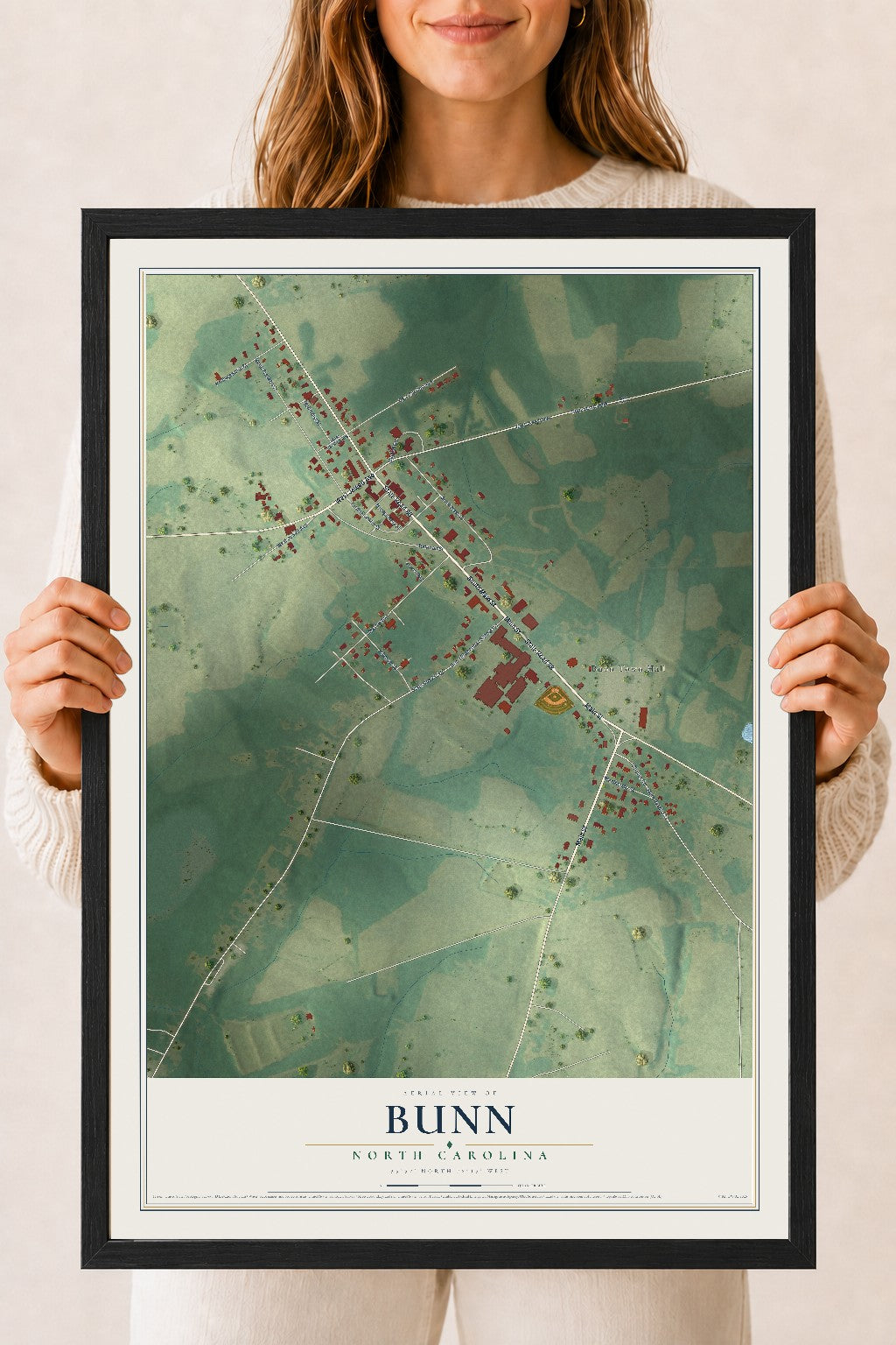 Map of Bunn, North Carolina, 18 x 24 inch print in a black wood frame