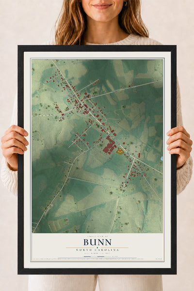 Map of Bunn, North Carolina, 18 x 24 inch print in a black wood frame