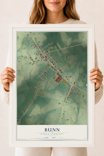 Map of Bunn, North Carolina, 18 x 24 inch print in a white wood frame