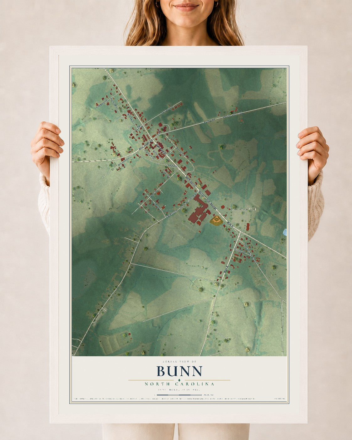 Map of Bunn, North Carolina, 24 x 36 inch print in a white wood frame