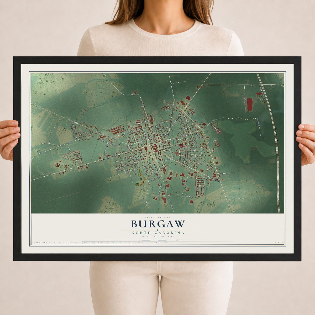 Map of Burgaw, North Carolina, 18 x 24 inch print in a black wood frame