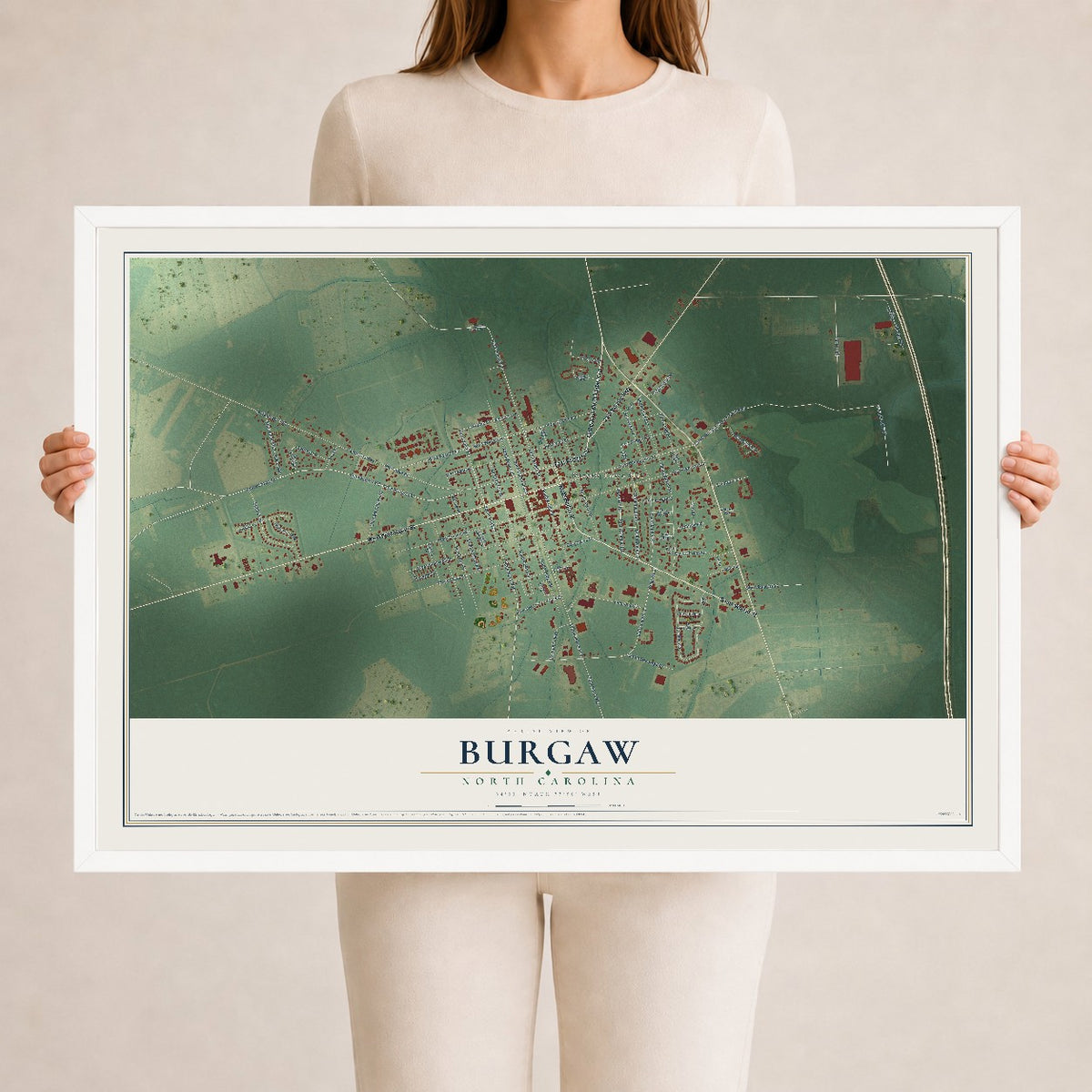 Map of Burgaw, North Carolina, 24 x 36 inch print in a white wood frame