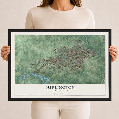 Map of Burlington, North Carolina, 12 x 18 inch print in a black wood frame