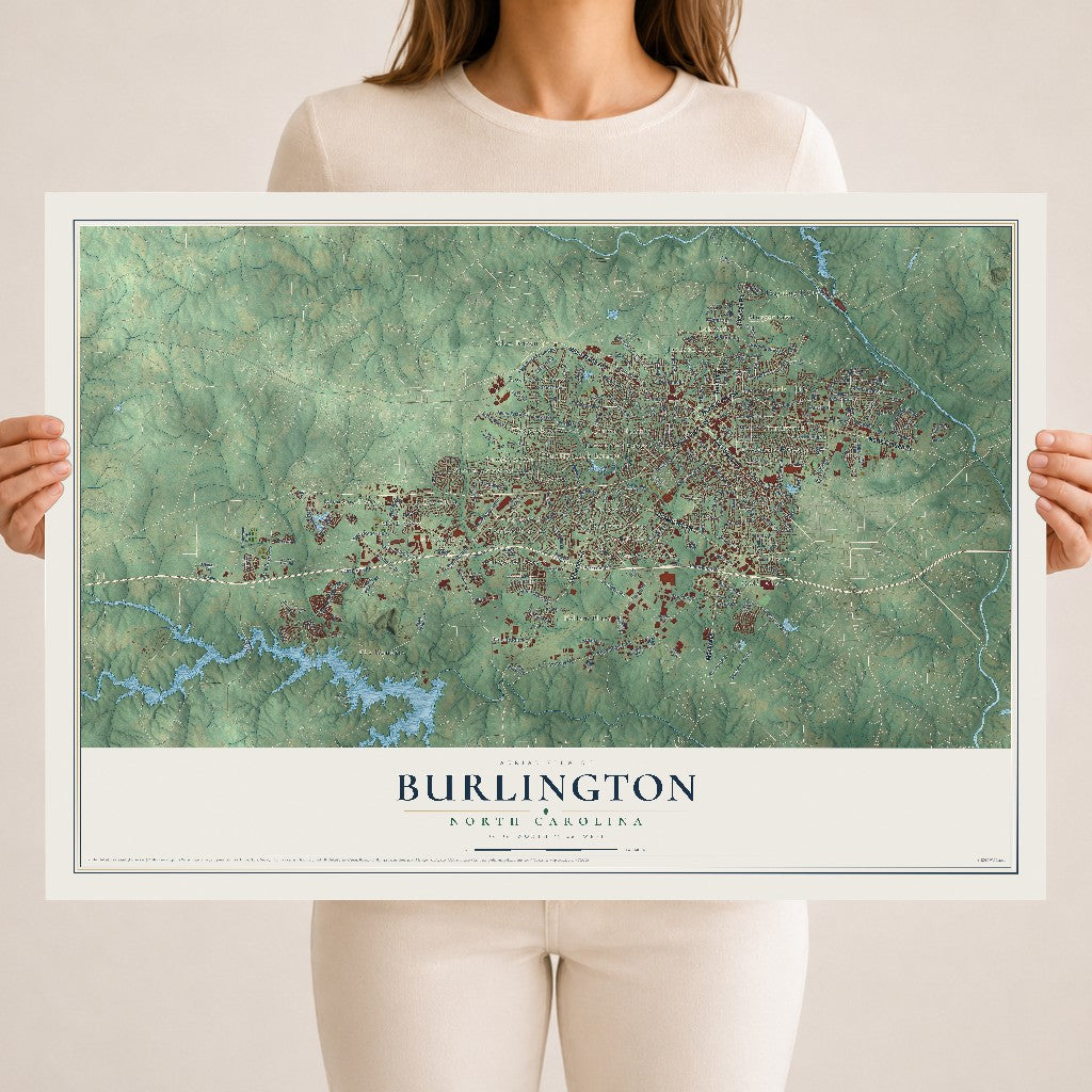 Map of Burlington, North Carolina, 18 x 24 inch unframed archival matte print