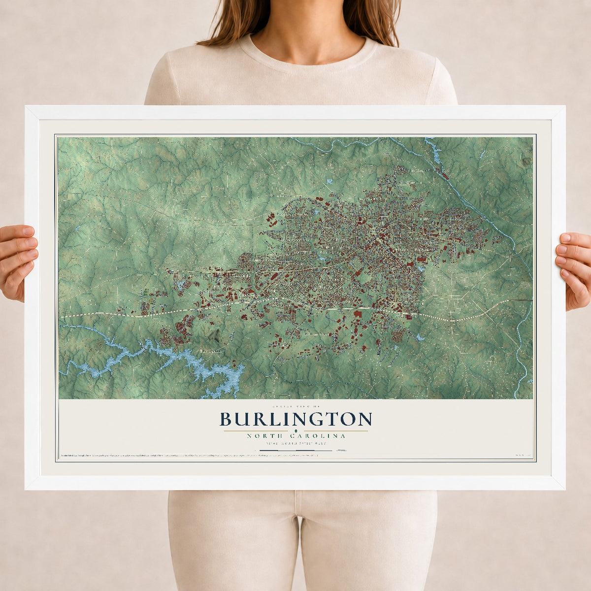 Map of Burlington, North Carolina, 18 x 24 inch print in a white wood frame
