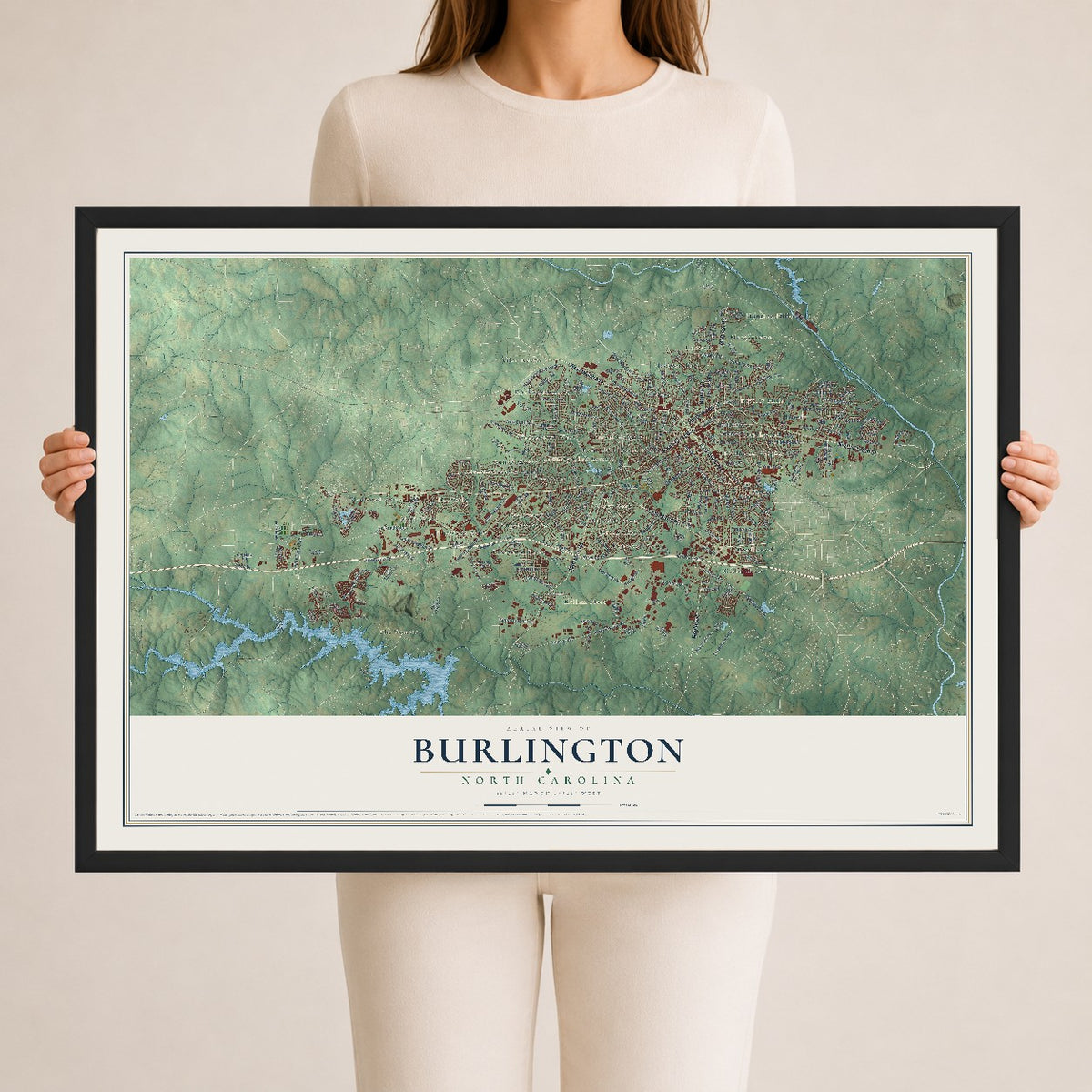 Map of Burlington, North Carolina, 24 x 36 inch print in a black wood frame